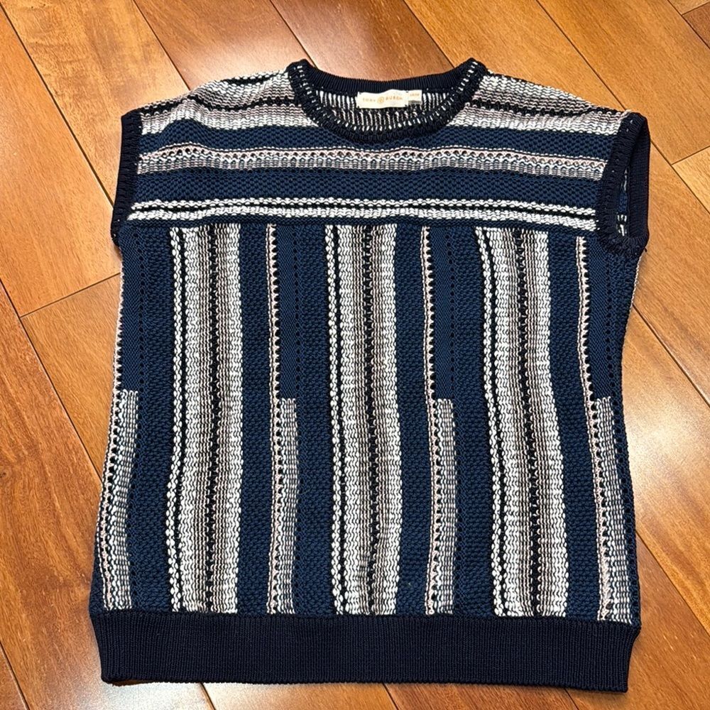 Tory Burch Sweater Vest Womens Navy Blue Striped Cotton Linen XS